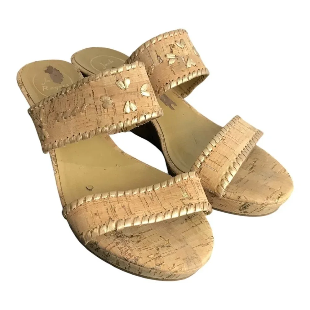 Jack‎ Rogers Womens 10 Cork Wedge Sandals Brown Strappy Summer Platform Heels
